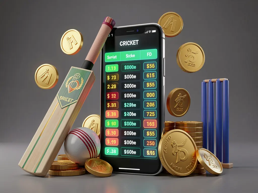 BK234 cricket betting page hero banner featuring a cricket stadium at night with bright floodlights, a cricket bat and ball on a green pitch, glowing odds panels, and golden coins in a premium dark cinematic 3D render atmosphere