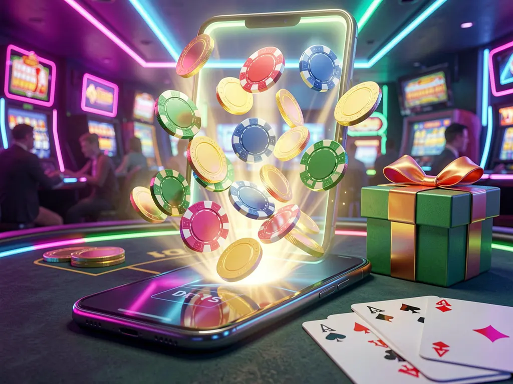 BK234 reload bonus casino visual featuring glowing circular arrows around coins, chips, and cash with a modern neon casino background in high detail 3D render