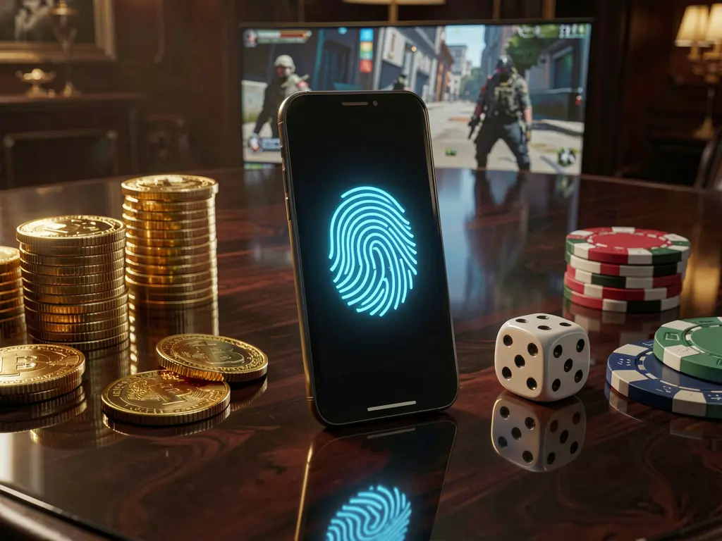 BK234 secure casino account login concept showing a glowing lock icon on a smartphone screen with poker chips, playing cards, and golden coins on an elegant black and gold background in a realistic 3D render