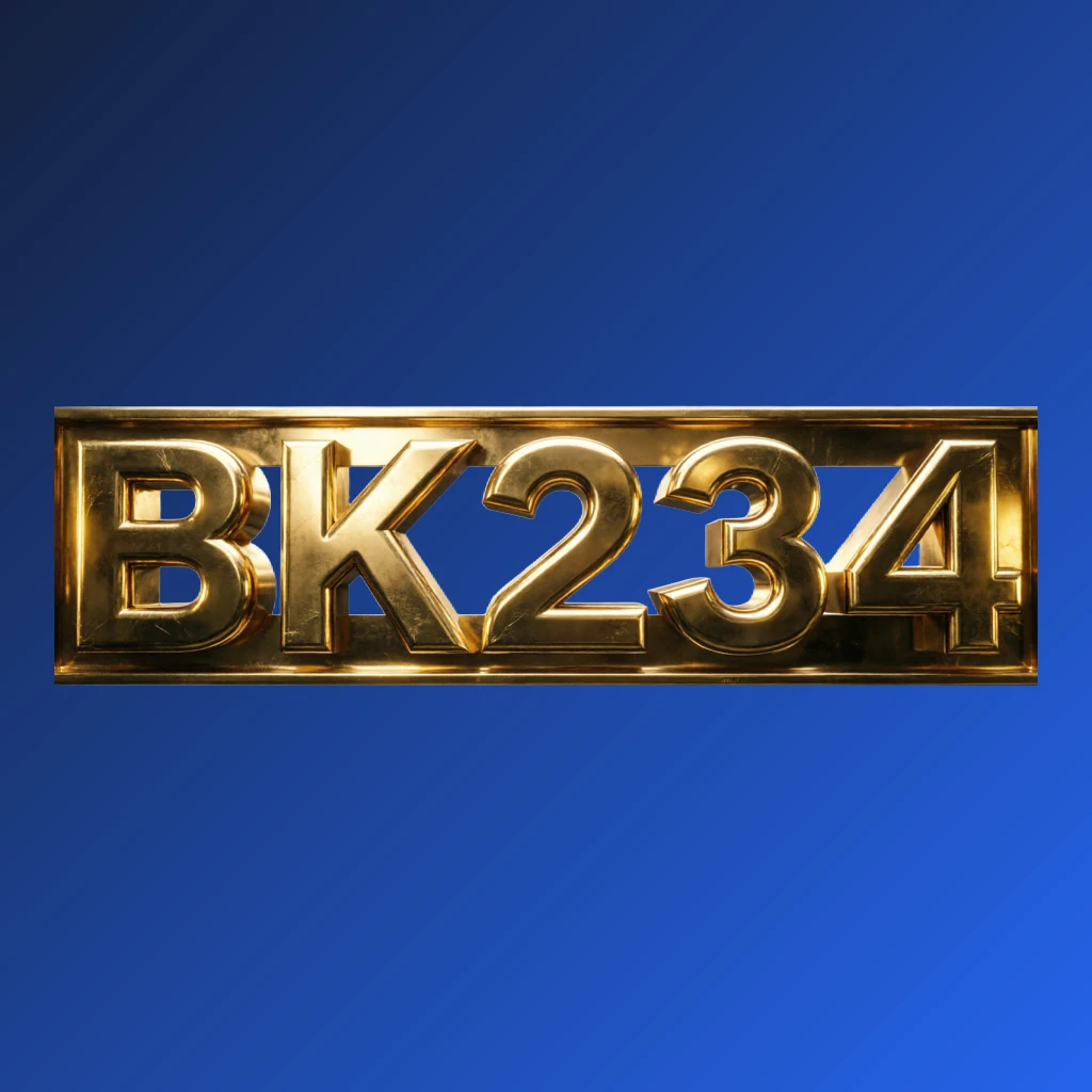3D metallic glossy gold BK234 logo with dramatic lighting, premium casino branding on transparent background, horizontal rectangular wordmark for website header